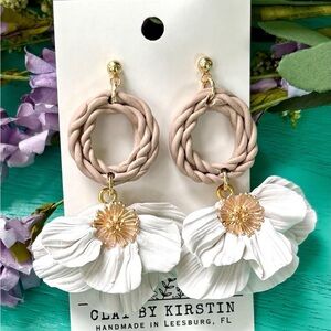 White and Gold Clay Floral Earrings